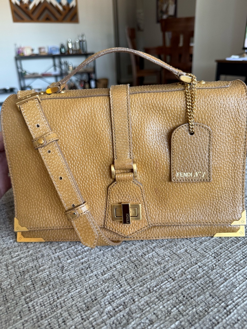FENDI No. 1 Vintage Pebbled Leather Crossbody Satchel in Mustard